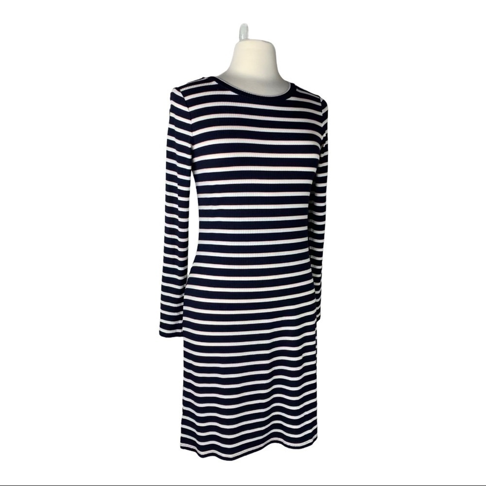 New Loft Navy Striped Long Sleeve MIDI Dress